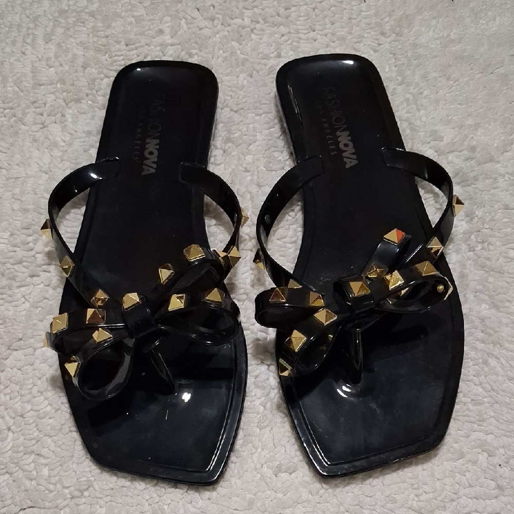 Fashion Nova Black Sandals with Gold Studs